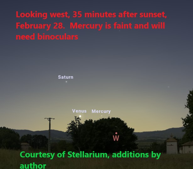 An image of the predicted sky just after sunset on February 28. Buildings, trees, and phone poles are on the horizon line.