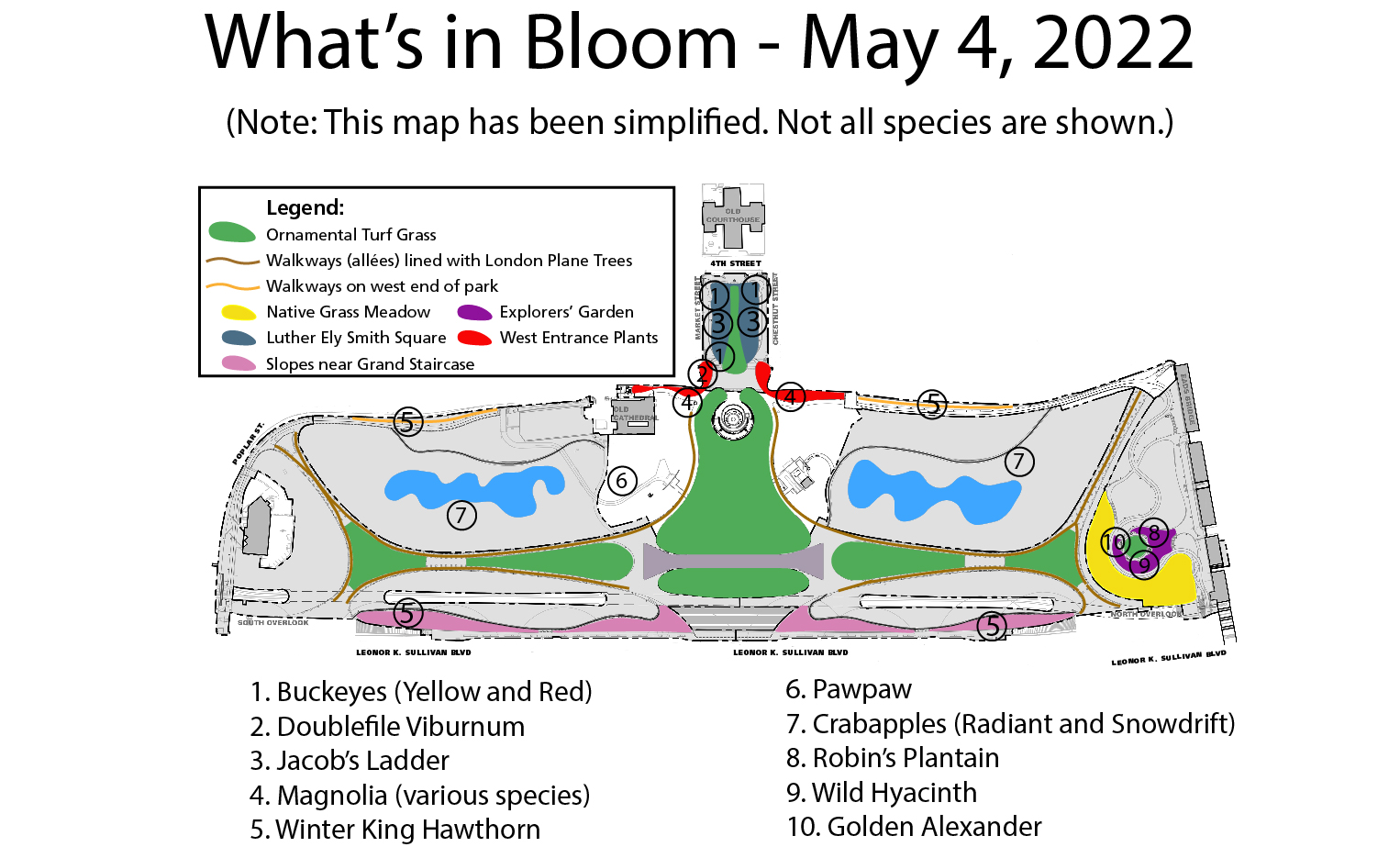 A map showing different planting areas of the Gateway Arch grounds, with circled numbers indicating where featured species are. Legends on the left and the bottom.