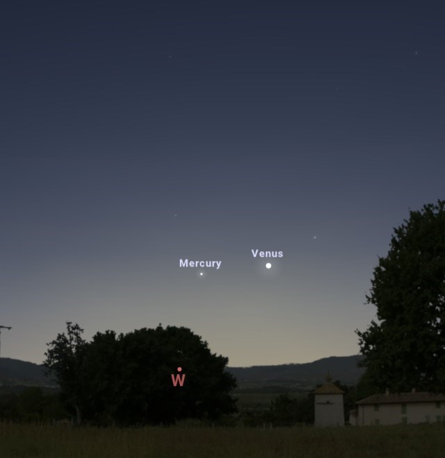 Map shows dark blue sky with trees marking the horizon. White dots mark the planets Mercury and Venus.