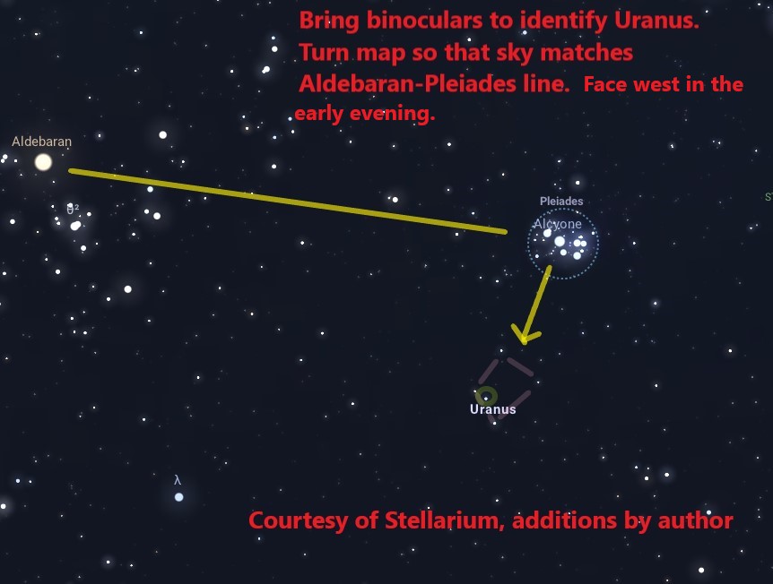A rendering of the night sky, with text labeling stars and directions for locating this view overlayed.