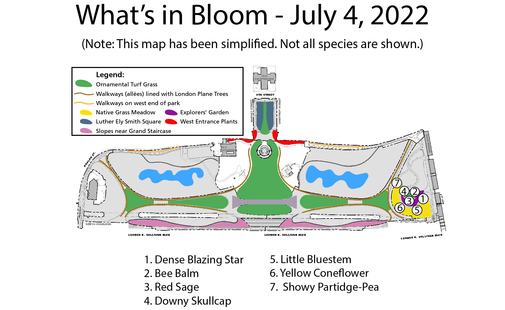 A map of the park's grounds overlaid with blotches of many colors indicating the different planting areas. A legend above the map shows what planting areas are represented by the colors. Circled numbers represent blooming plant species found in each area.