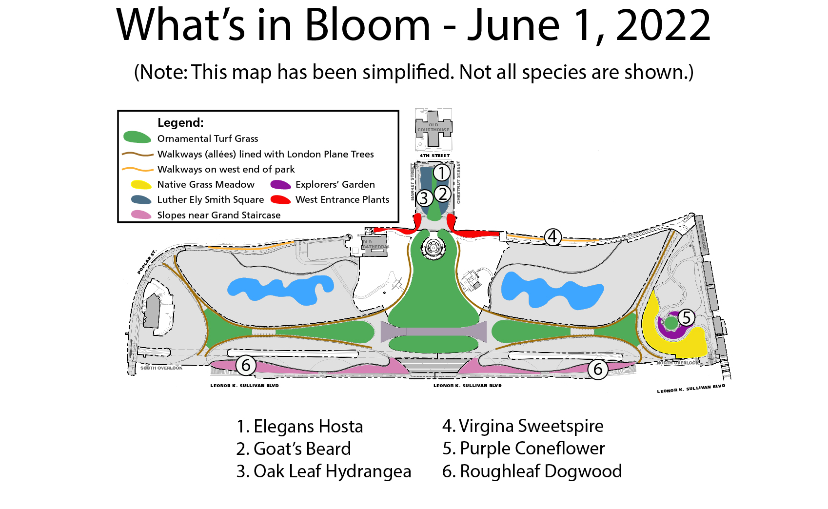A colorful map showing different planting areas on the arch grounds. Circled numbers on the map show the locations of selected species. A legend is on the bottom.