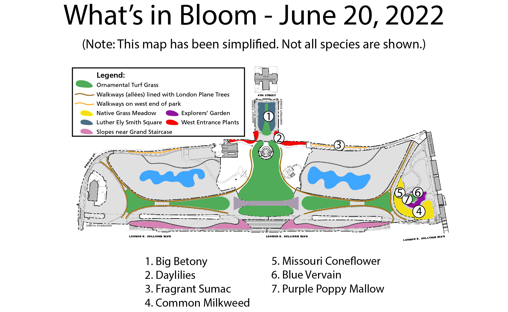 A map with colored areas showing different plant groupings. Circled numbers corresponding to currently blooming plants are spread over the map. A legend is on the bottom.