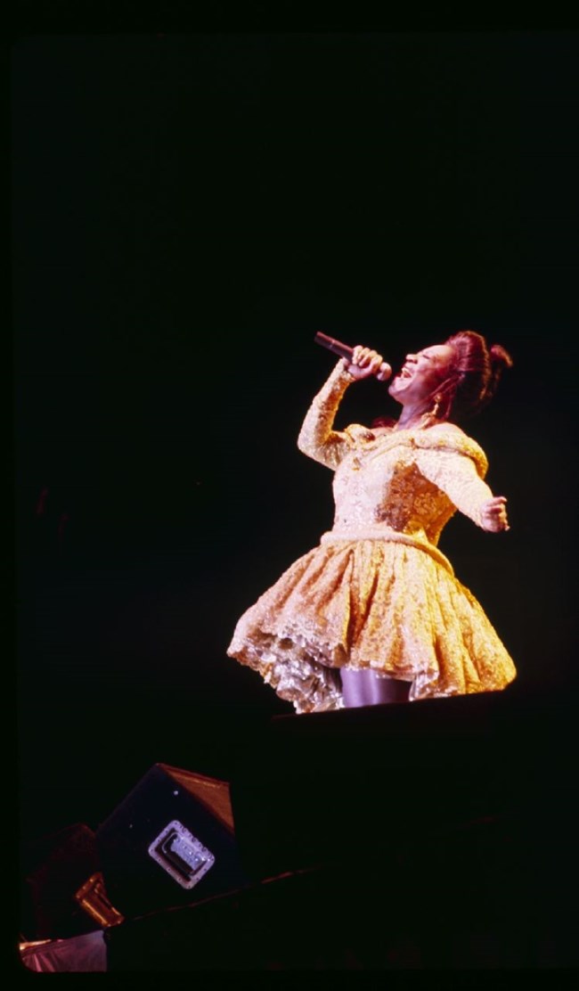 Patti LaBelle in concert. She is wearing a dress, throwing her head back in mid-song.