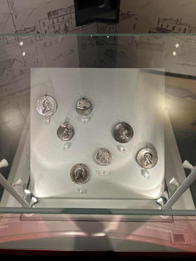 A collection of silver-colored medallions in a display case