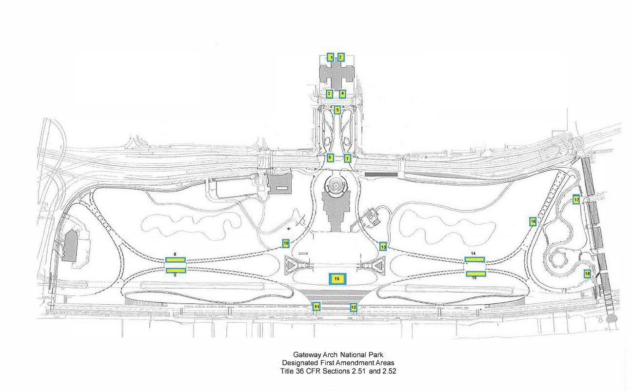 map of the Arch grounds with first amendment areas marked please see text below for details