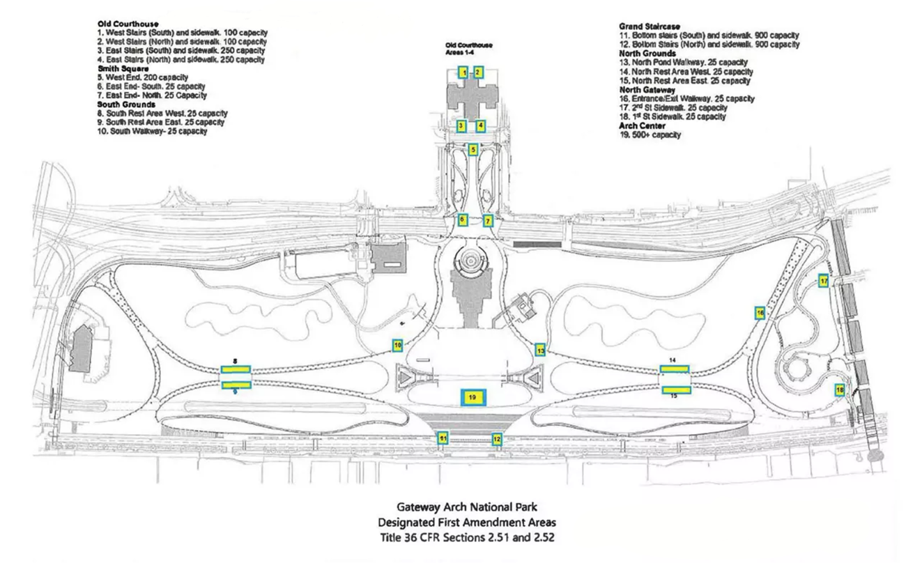 A map of the park, with highlighted portions that show where First Amendment activities are permitted