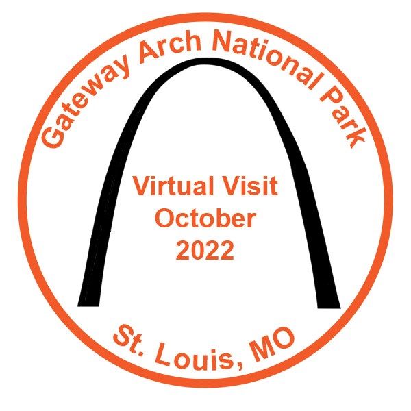 Orange circle, Gateway Arch National Park and St. Louis, MO. Center of the circle is a black Arch and between the legs of the Arch in orange it reads Virtual Visit, October 2022.