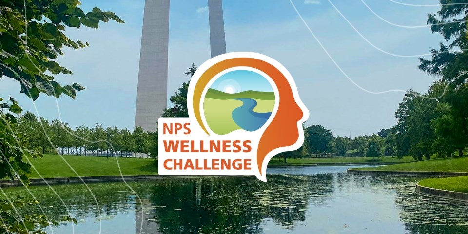 An orange graphic of a head in profile containing an image of a river winding through a landscape that says NPS Wellness Challenge in front of an image of the two legs of the Arch in front of a blue sky behind the pond