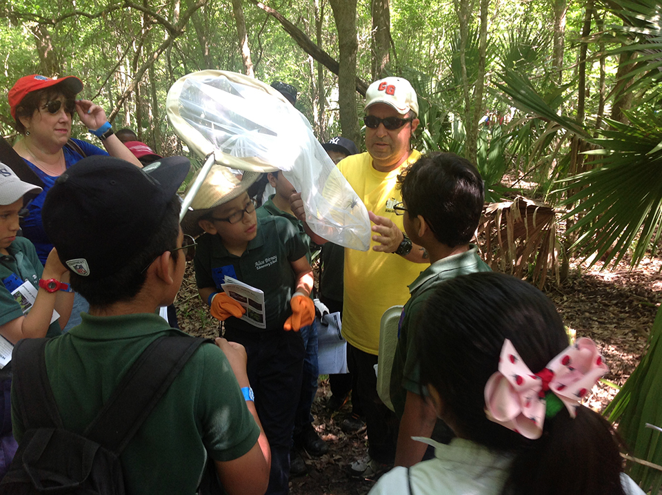 Park volunteer with insect net shows insect to students