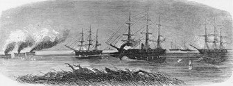 Image of black and white drawing of Civil War ships in battle