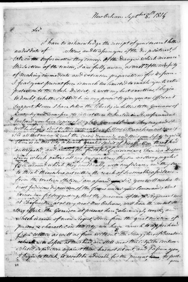 A letter from Governor Claiborne to General Jackson from September 8, 1814.