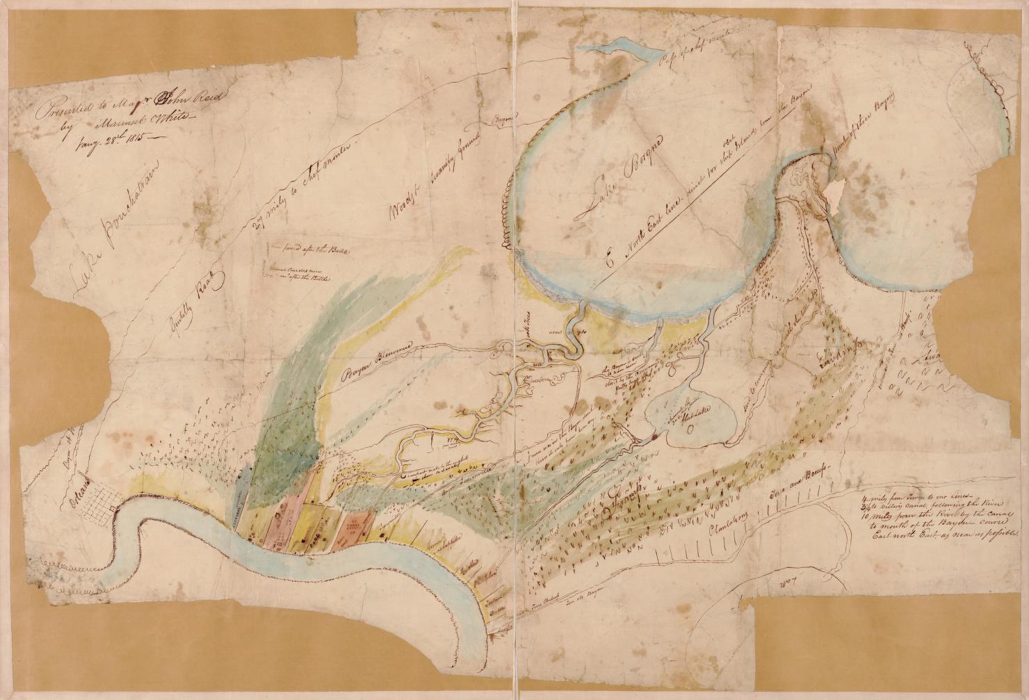The map of New Orleans shows the Bayou Bienvenue stretching from Lake Pontchartrain to Lake Borgne, part of the Mississippi River, canals, and lines of battles and encampments. Pen-and-ink and watercolor, on 4 separate sheets of paper pasted together.