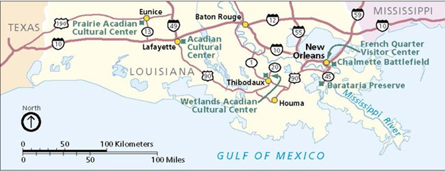 Image of map of south Louisiana showing Jean Lafitte sites