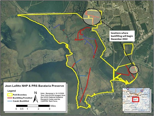 Map of proposed locations for canal backfilling in the Barataria Preserve. Yellow, red, and blues lines denote areas.