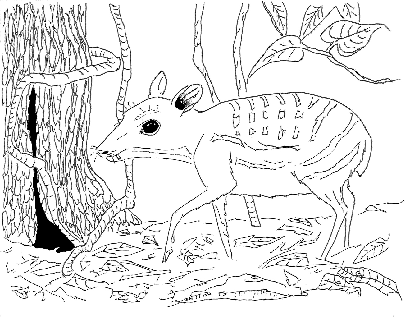 a small deer like animal browses on leaves near a hollow tree