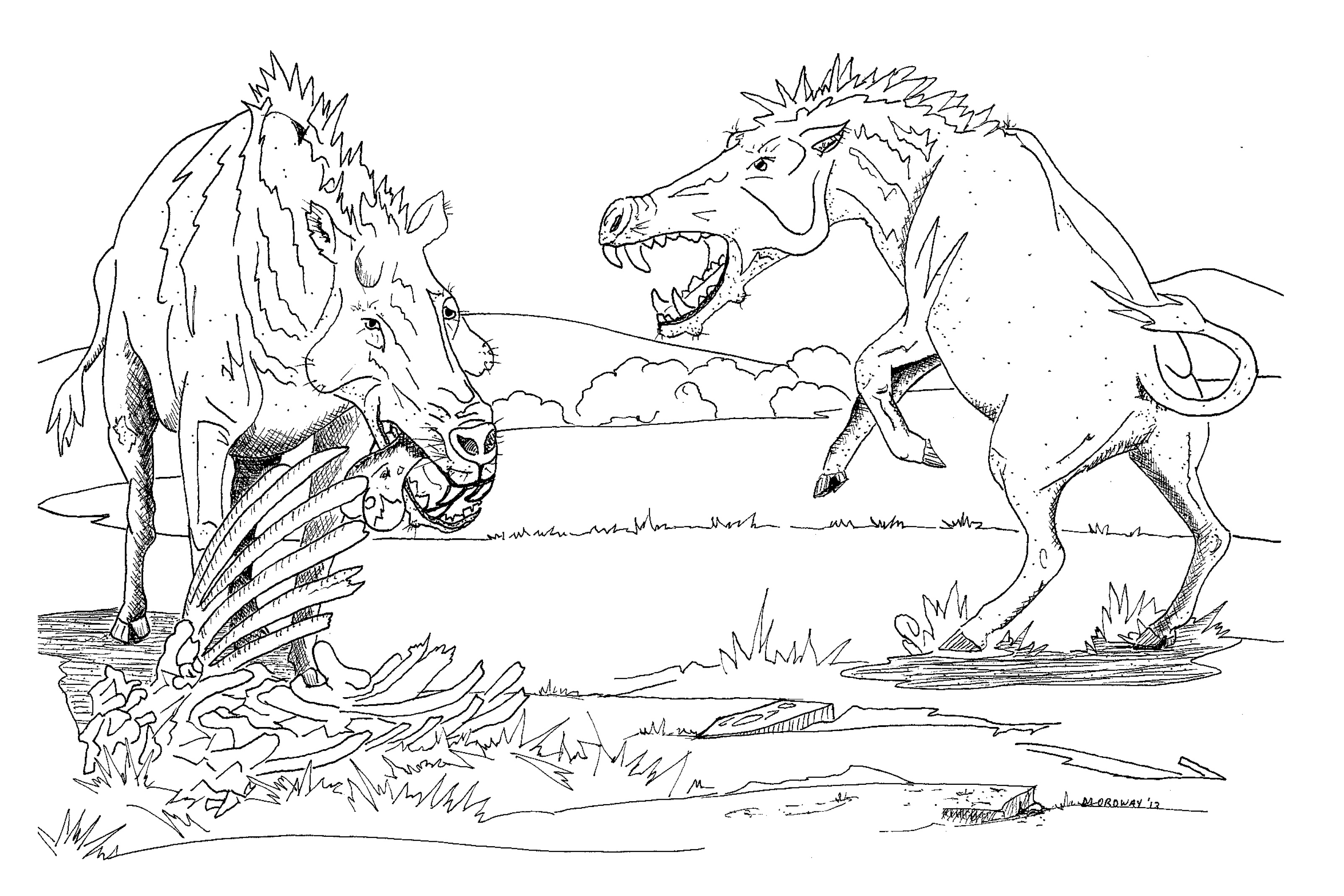 A black and white coloring page that depicts two entelodonts scavenging on the remains of an animal corpse.
