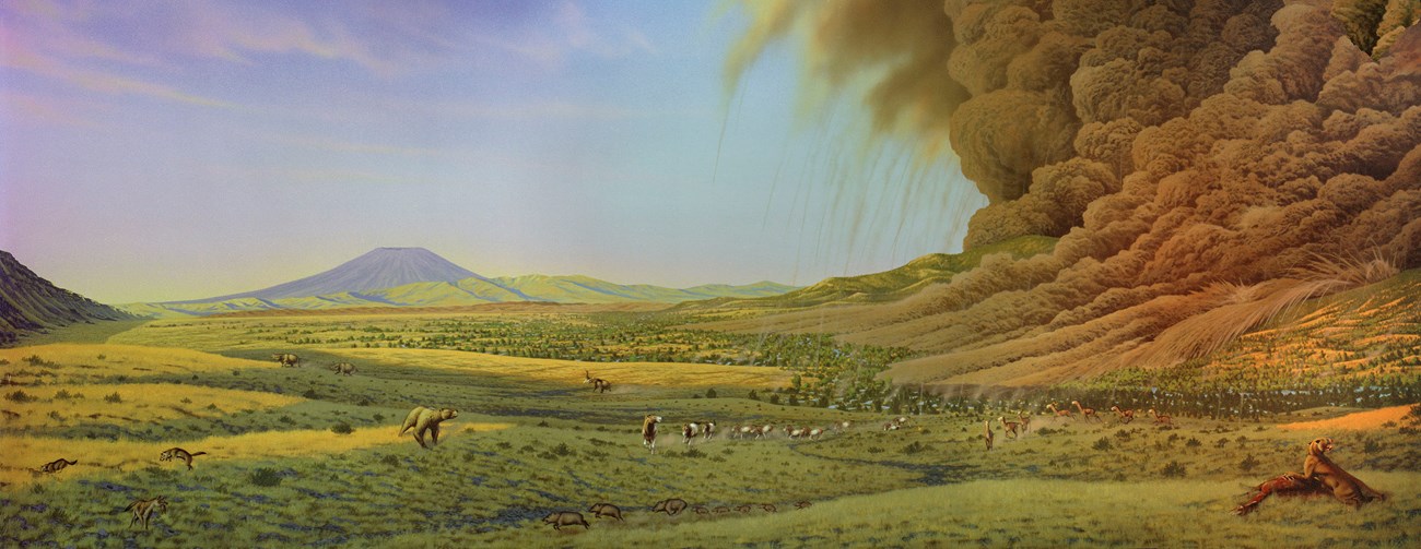 A painting depicting various animals in a green valley reacting to a nearby volcanic eruption.