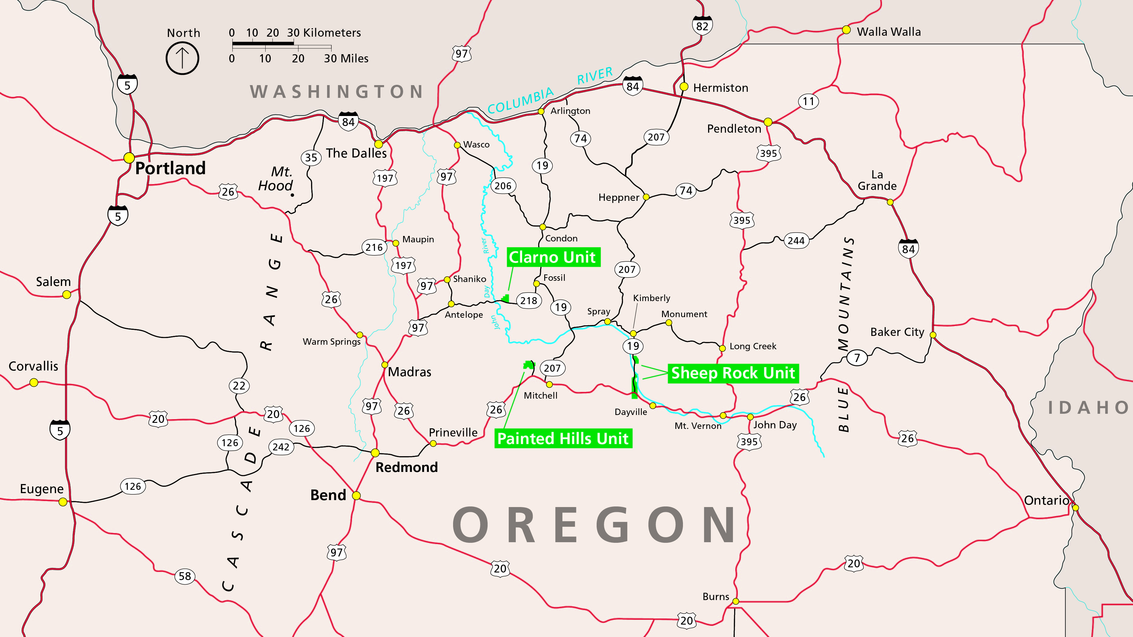 Map showing the three units of the monument in the center, surrounded by nearby small towns. Cities such as Portland, Bend, and Ontario are near the edges of the map.