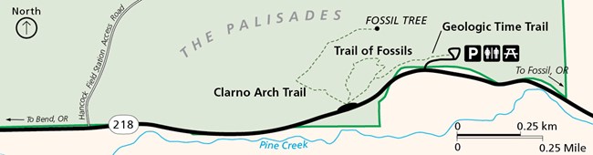This map zooms in to the area along Highway 218 to show where the Geologic Time Trail, the Trail of Fossil, and the Arch Trail are in relationship to each other and the picnic and parking areas.