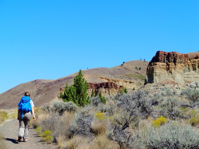 A female hiker with a blue backpack hiking down a trail with a clear blue sky and dusty red/tan outcrops around her.
