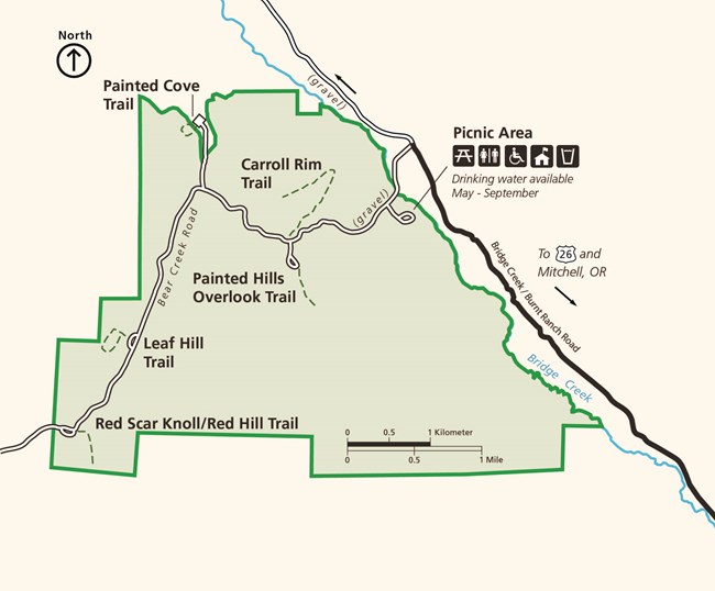 A close-up map of the Painted Hills Unit depicting the road, picnic area, and trail locations.
