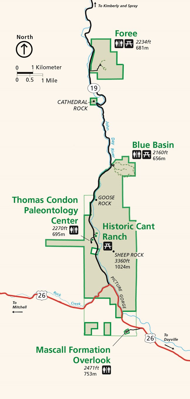 A map depicting major destinations in the Sheep Rock Unit, including the Foree Trailhead, the Blue Basin Trailhead, the Cant Ranch Historic District, the Thomas Condon Paleontology Center, and the Mascall Overlook.