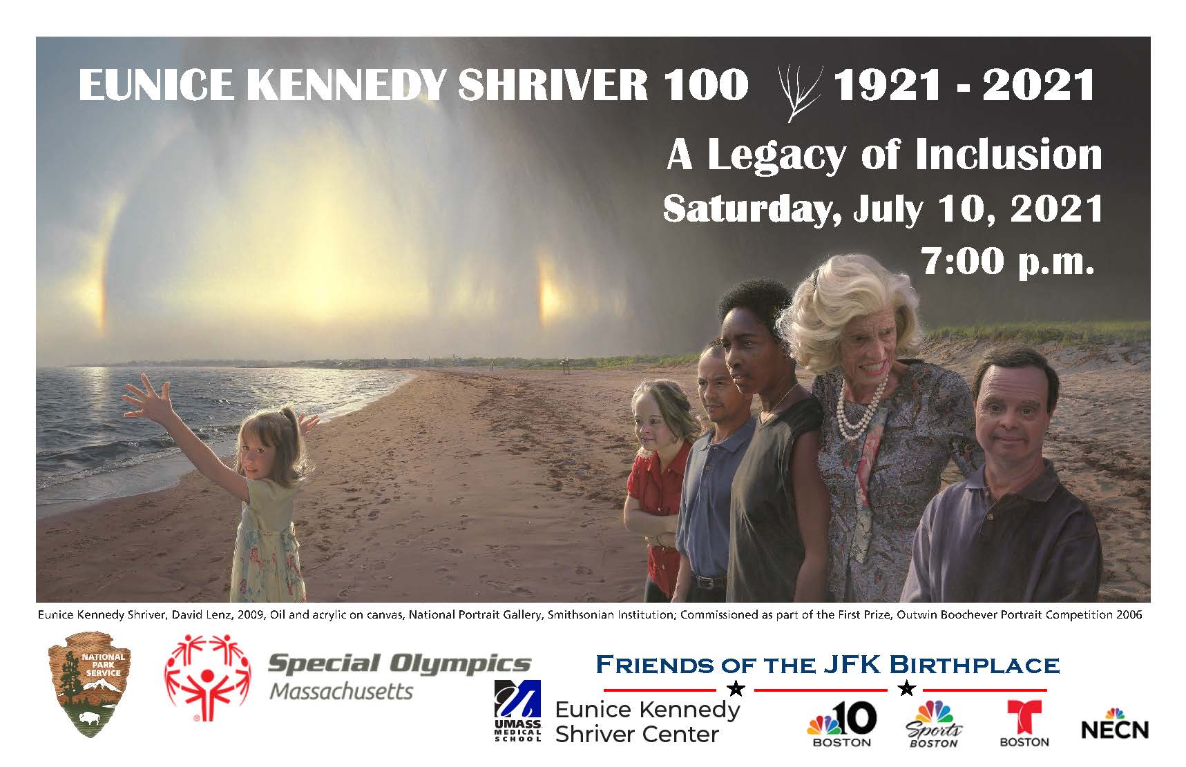 An elderly woman stands with youth on a beach.  A young girl looks to the camera with her arms outstretched toward the sun.