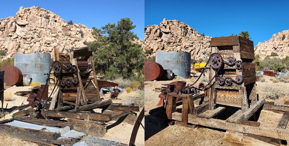 Two images of a historic one-stamp mill made of rusted metal and wood in front of a historic site and large boulder pile. The image on the left is from 2020 before repairs. The image on the right is from 2024 after repairs were made.