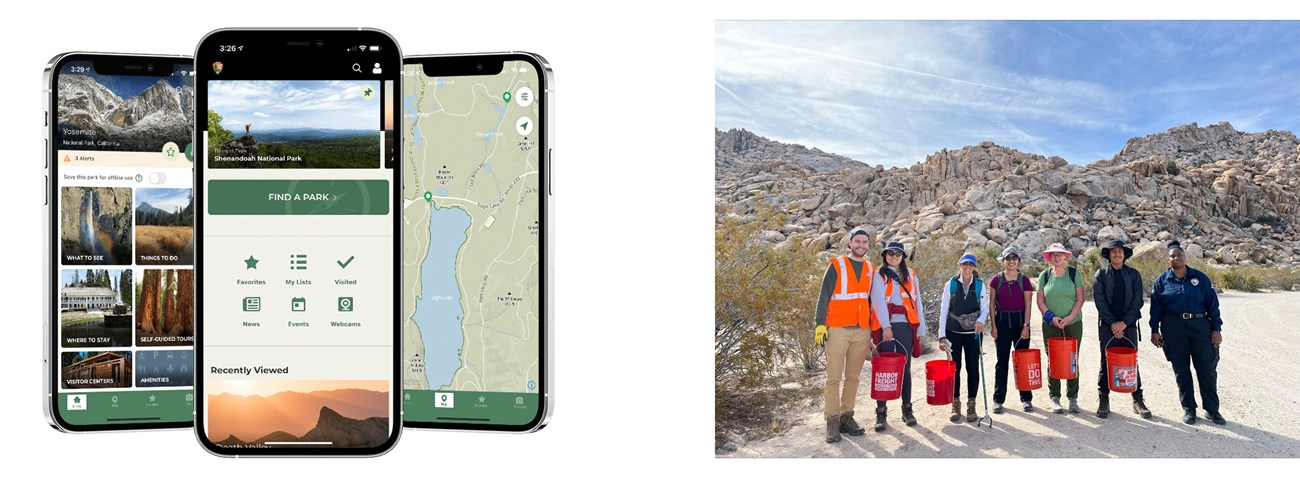 Left: A preview of the NPS App on the screen of 3 phones. Right: Seven people smiling at camera holding red buckets in front of a large boulder pile in the desert.