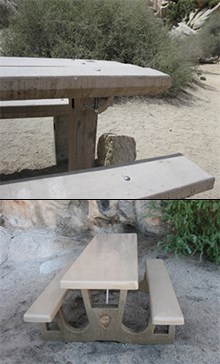 a deteriorated picnic table (top) and a new, ADA-compliant concrete picnic table (bottom)