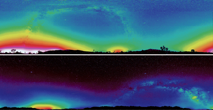 false color panoramas representing light pollution - top, bright color blocks the stars - bottom, image is dark