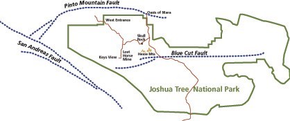 A map showing the perimeter of the park with the park road, along with major fault zones.