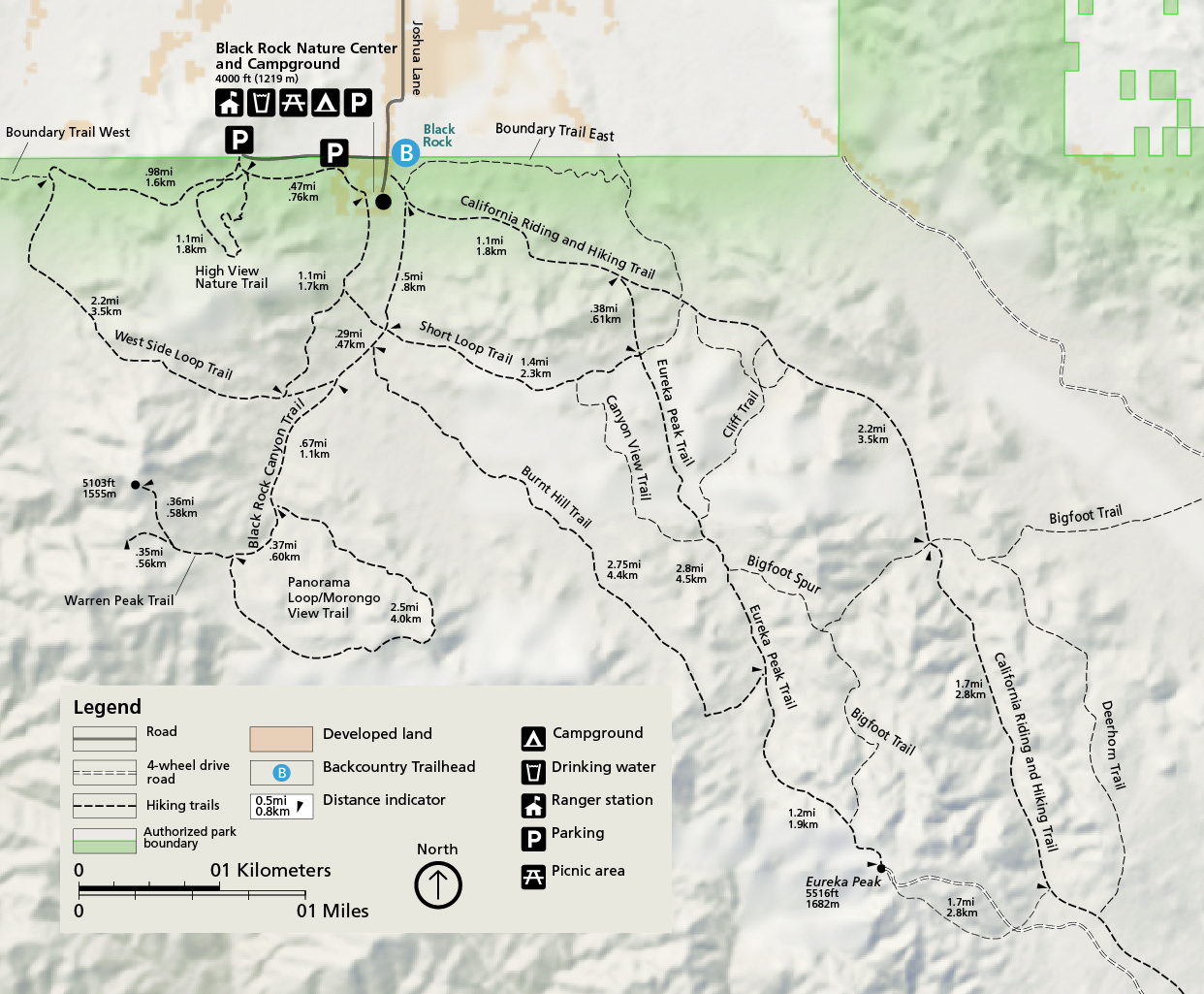 A map of the hiking trails in the Black Rock area of Joshua Tree National Park. West Side Loop, High View, Waren Peak, Burnt Hill, Short Loop, and Panorama Loop/Morongo View trails are recommended.