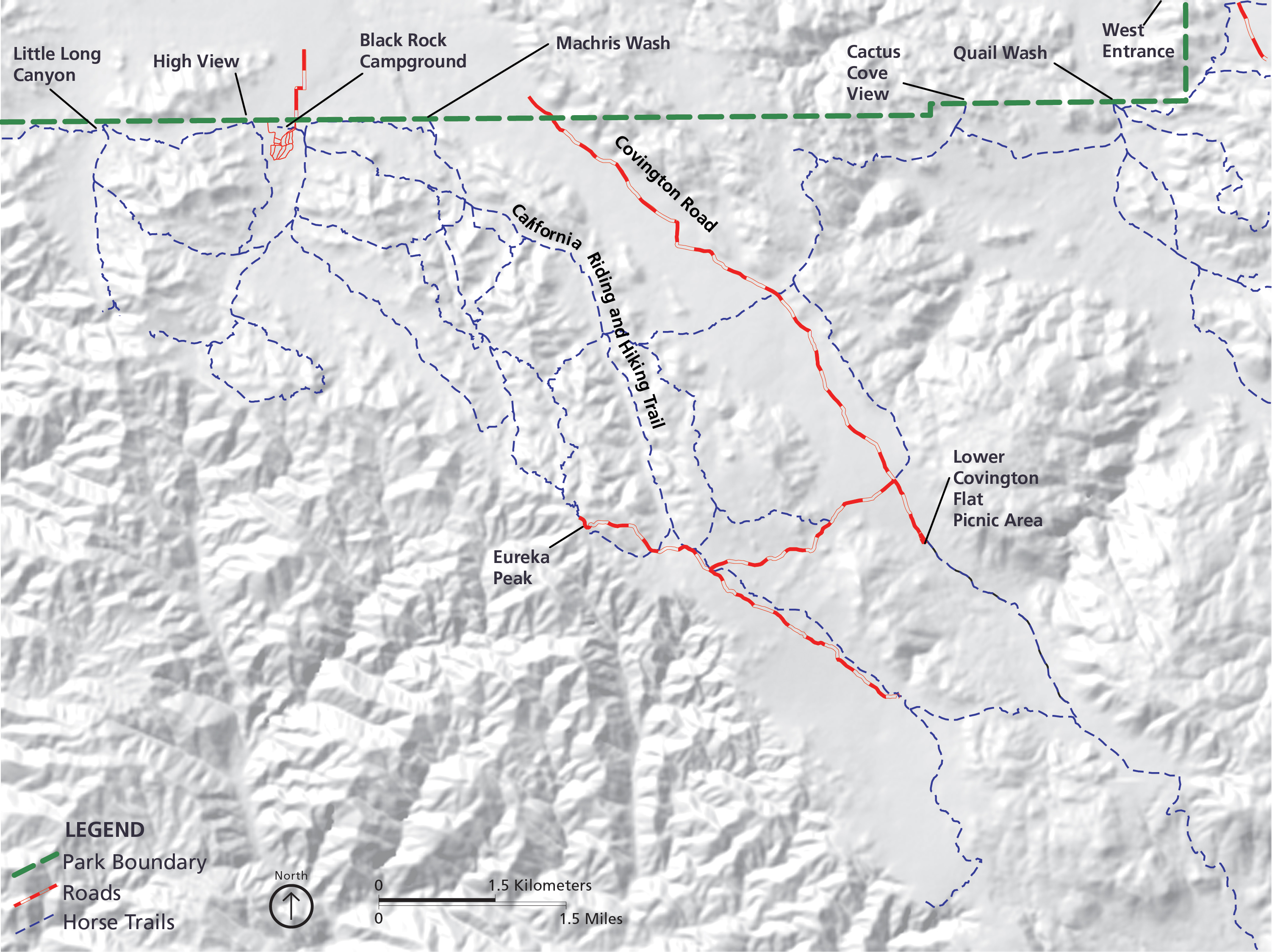 Color photo of the trail system near Black Rock campground for horseback users. The trails make large loops and interconnect frequently through the mountains near Black Rock.