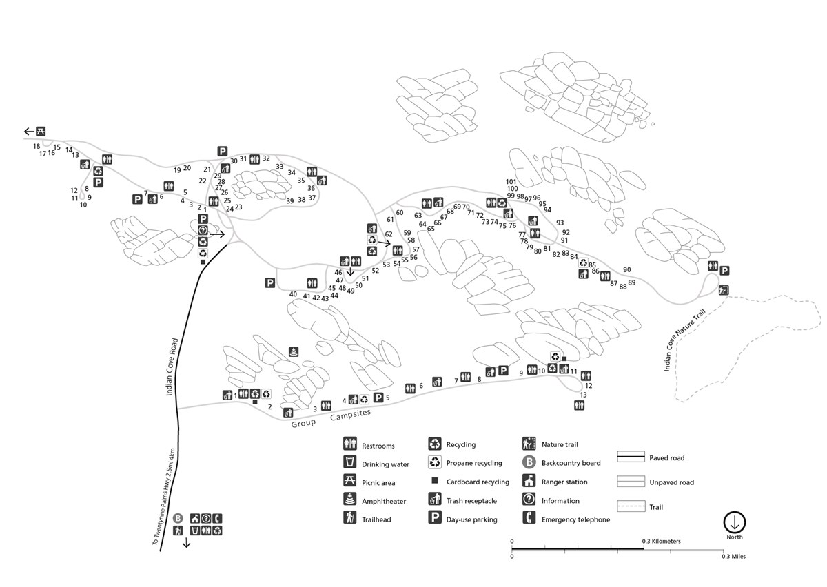 Black and white campground map layout. The map is oriented for a driver entering the campground, so the North arrow points to the bottom of the image. The campground is made of one dead-end road and a number of loops.