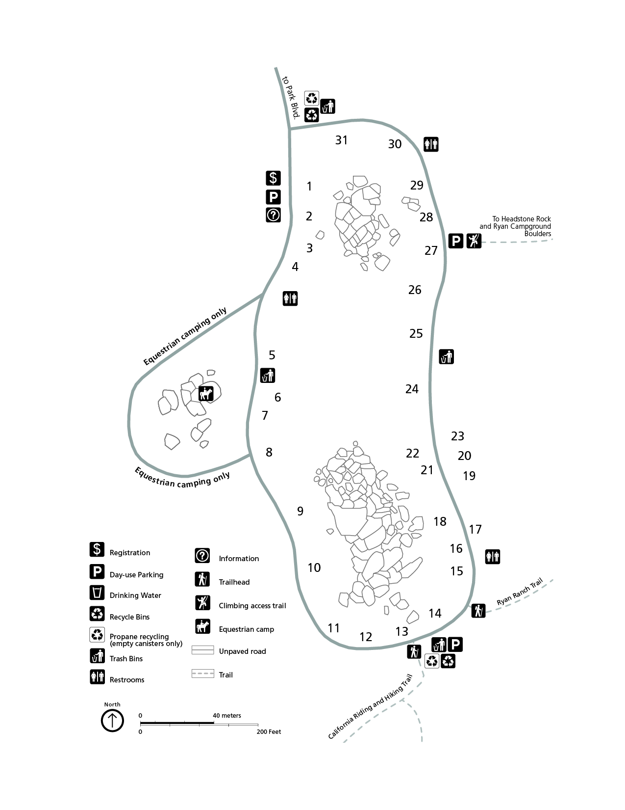 Black and white campground map. Map is oriented with north to the top of the page. The campground is made of one large loop with a small horse campground spur loop.