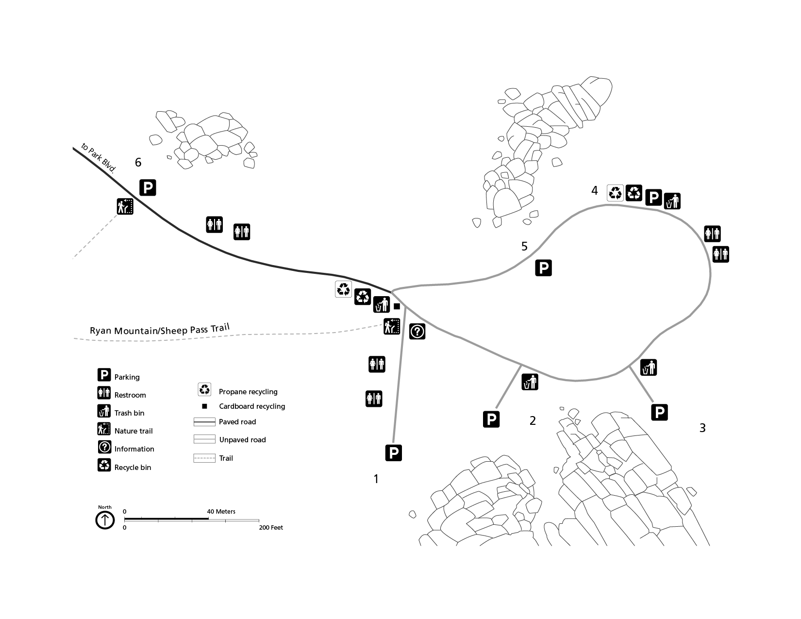 Black and White campground map. North is oriented to the top of the page. The campground is made up of one loop.