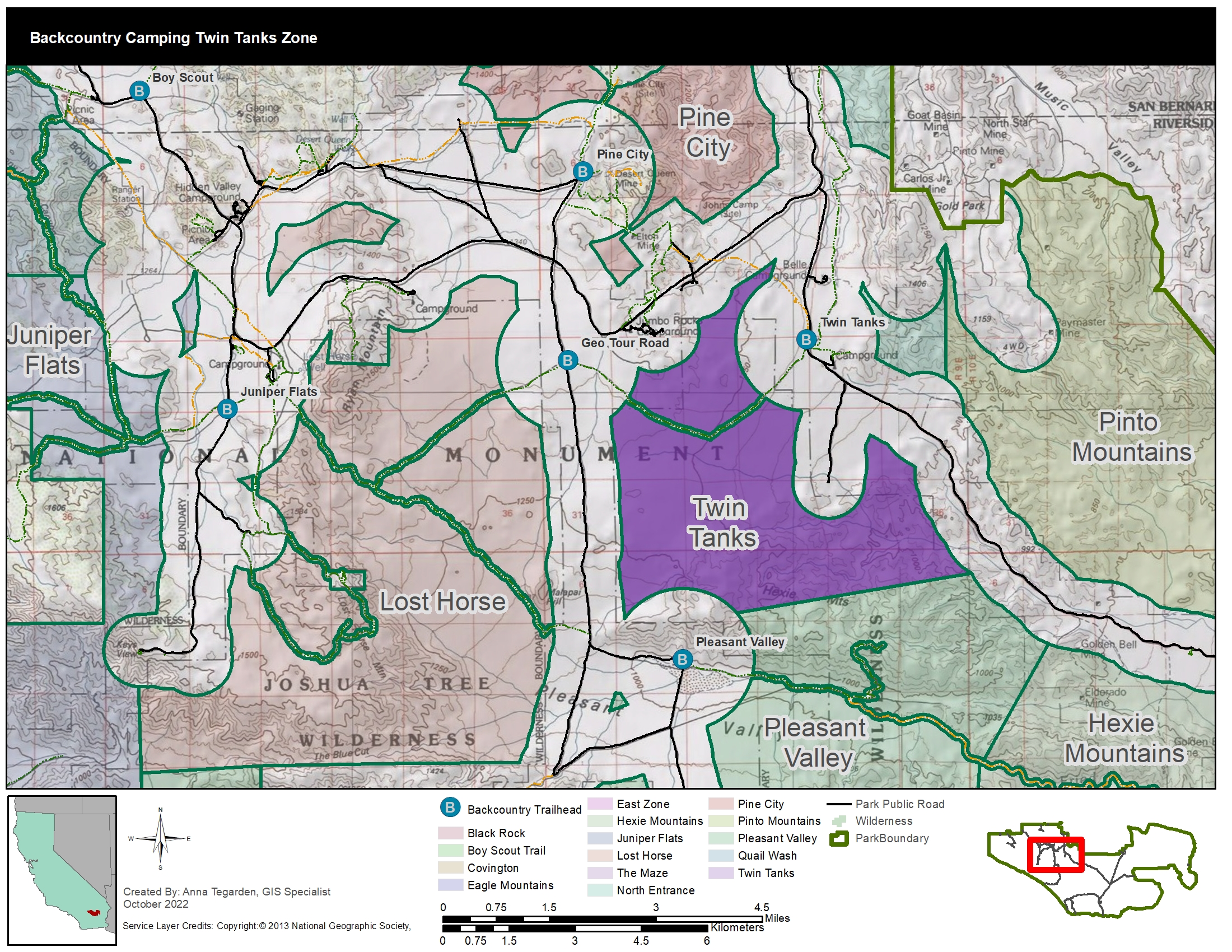 A map of the twin tanks backcountry camping zone.