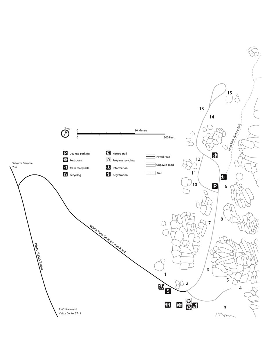 Black and white campground map. North is orientated toward the top middle right of the page. The campground is made up of one long road with a spur and two loops.