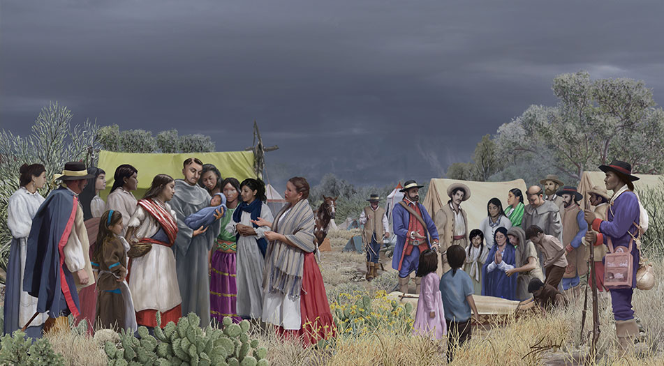 A painting depicting the expedition campsite in the desert, the sky is dark with ominous clouds. One one side of the camp a group surrounds the priest holding a newborn child. On the other side, a group mourns the death of a woman, the mother. 