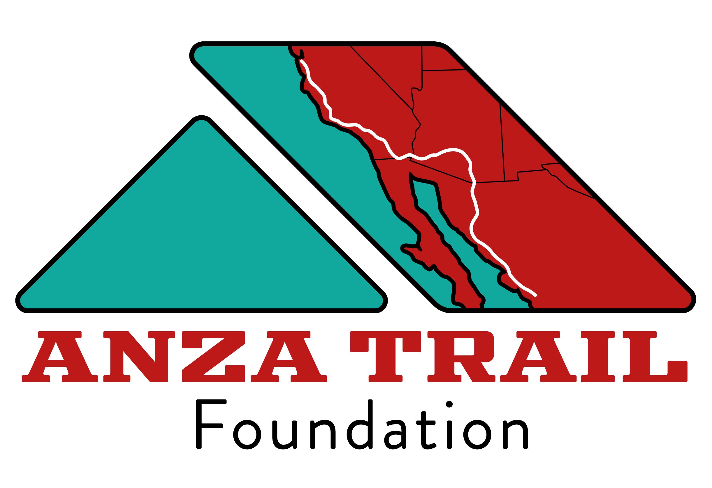 “Anza Trail” is in red bold block all-caps serif letters, and “Foundation” is in black sans serif sentence-case. An A is filled with blue water and red Western U.S. with the Anza Trail marked