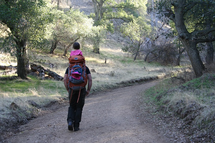 Adult with a child on his shoulders hiking up a dirt trail.