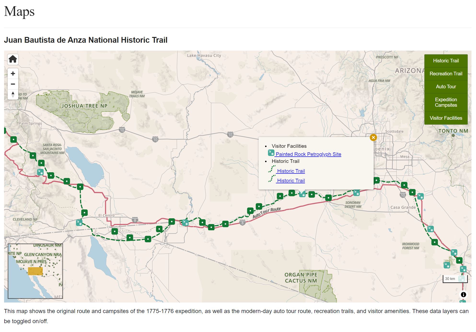 A digital map of Southern California and Western Arizona shows layers that can be toggled on and off with icons dotting a green dashed line and a red solid line