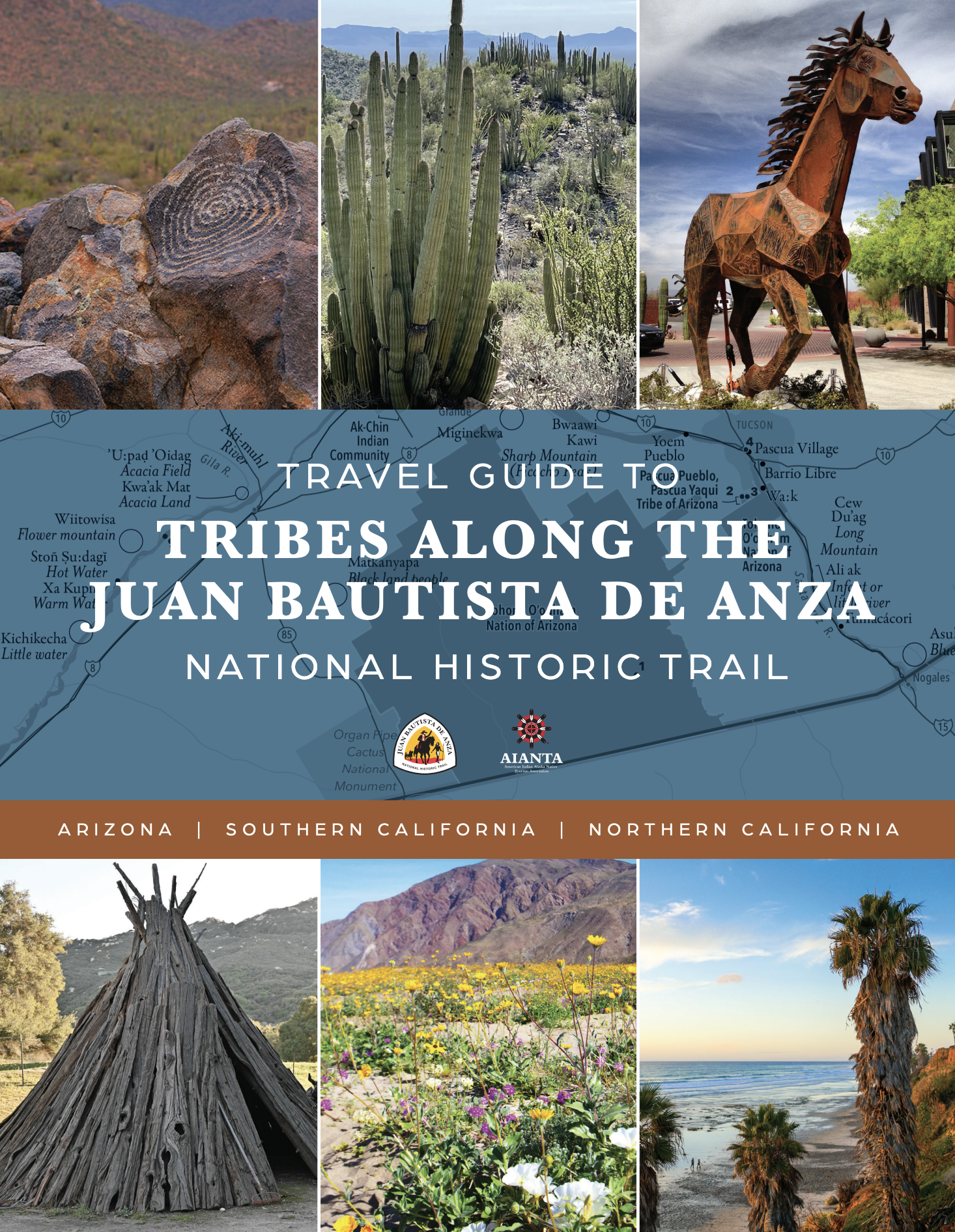 Tribes along the Anza Trail travel guide cover with six photos of landscapes and art