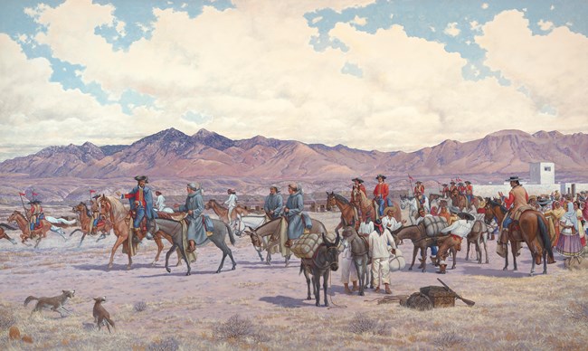 Illustration of hundreds of people and horses leaving a mission in Tubac