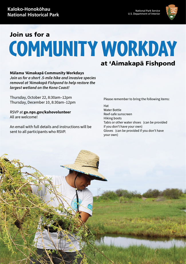 Flyer for KAHO Community Workday; Image is close-up of young man in sun visor outside pulling weeds