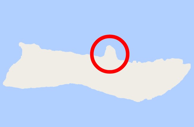 An outline of the island Molokai, a jutting point on the map is circled indicating the Kalaupapa peninsula.