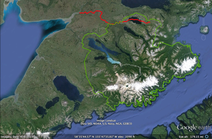 Google Earth image of 100 mile journey of salmon to Moraine Creek