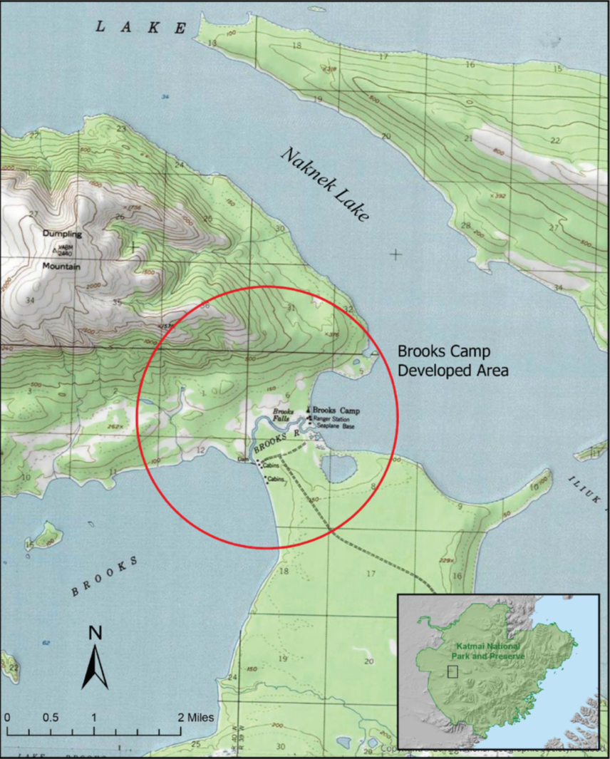 Map showing the border of the Brooks Camp Developed Area